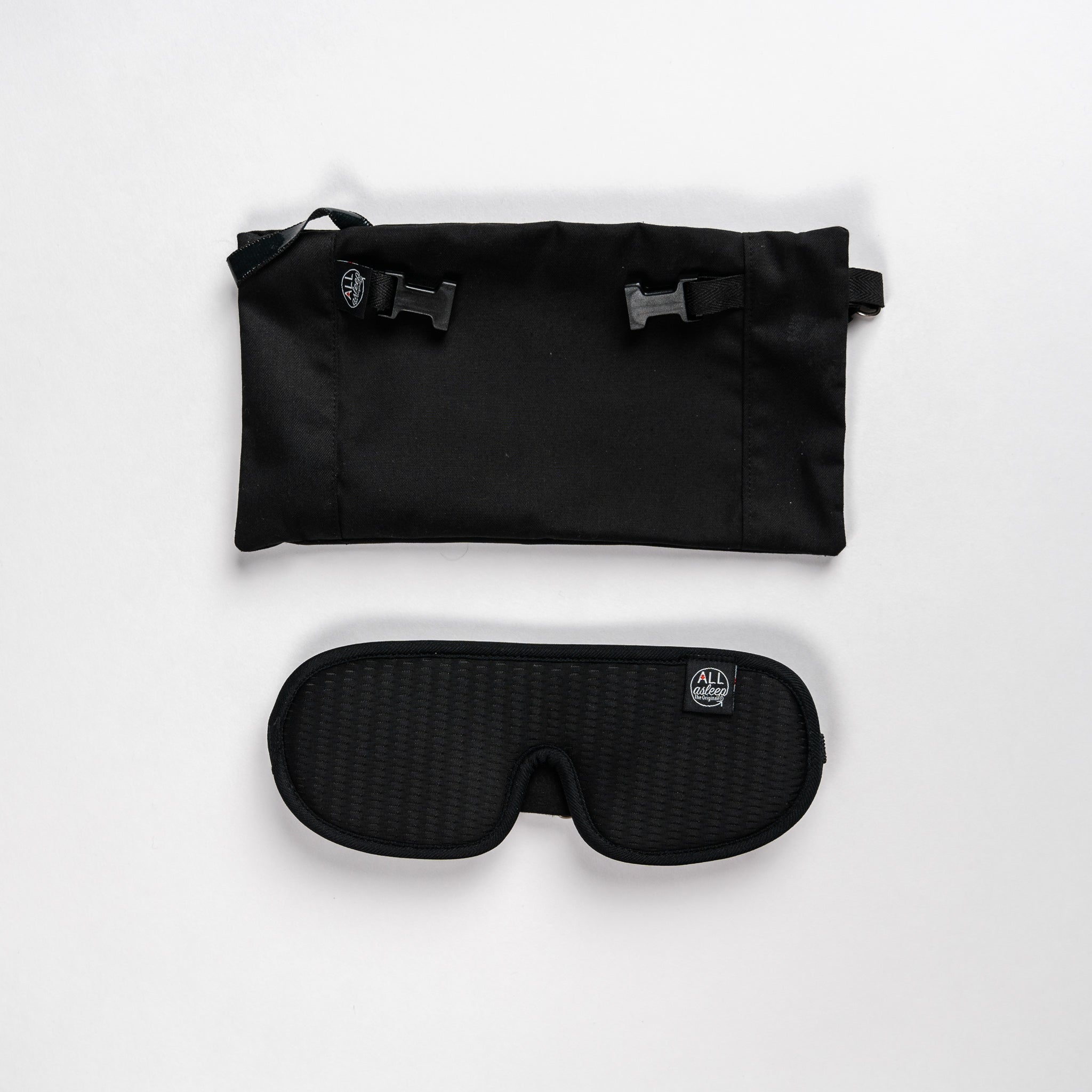 Top view of the headrest pouch and eye mask  of the ALLasleep travel accessory