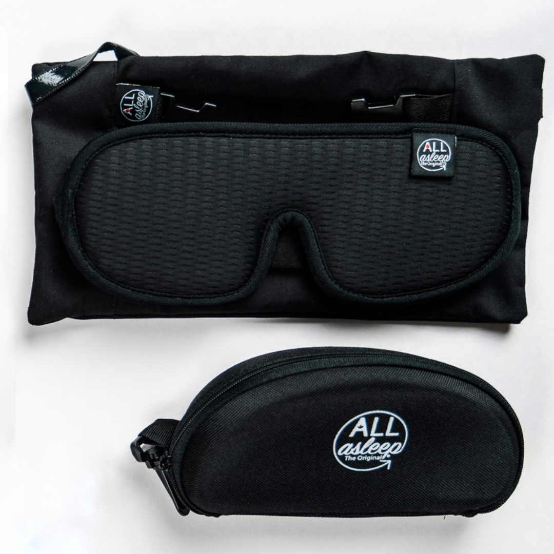 Top view of closed eyewear case and ALLasleep travel accessory