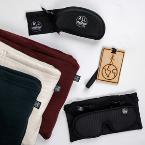 Open image in slideshow, Flat lay of ALL inclusive travel kit items with available  color choices for the travel blanket.

